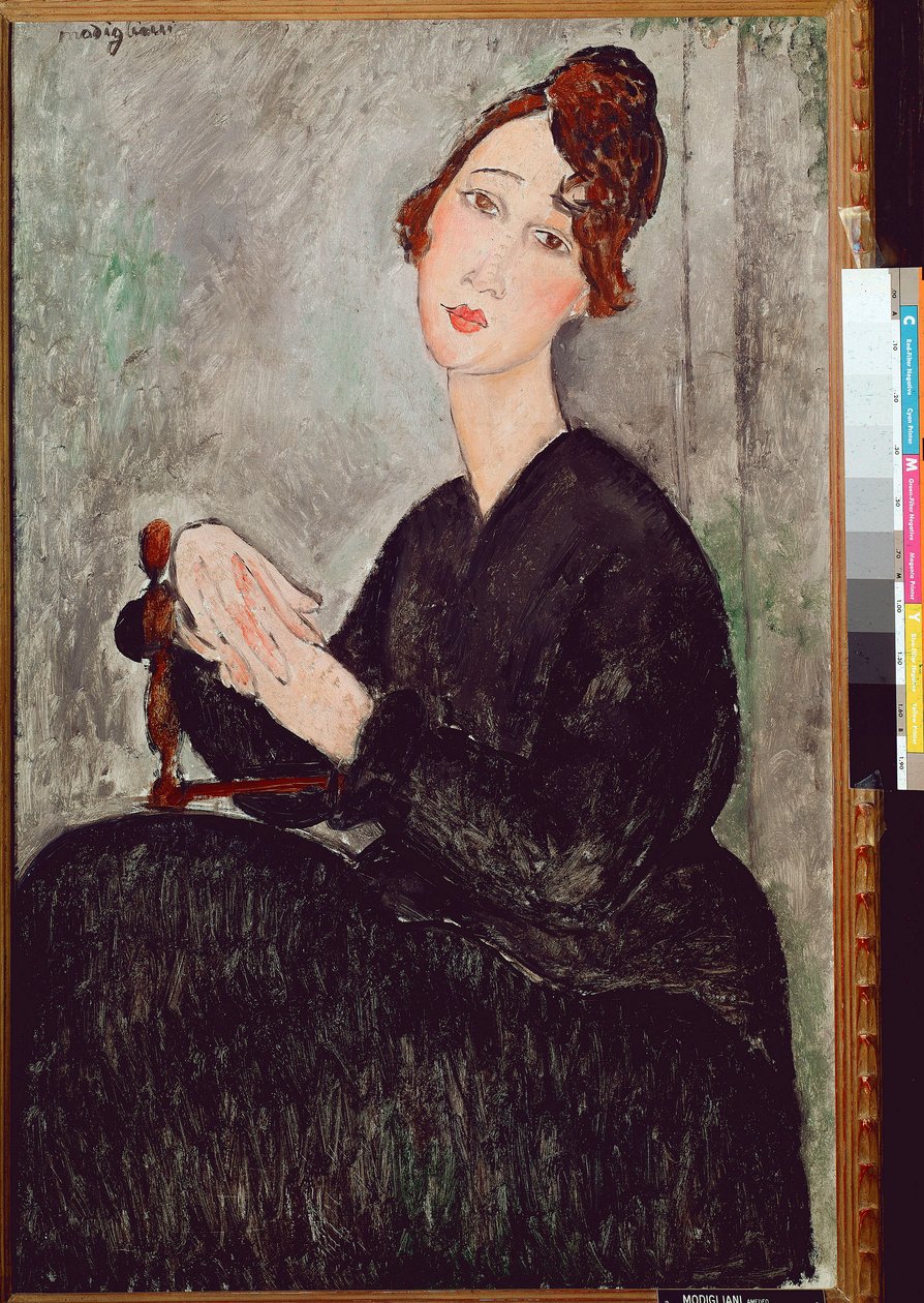 Dedie Hayden（DH）的肖像穿黑色衣服的女人有黑色素的表情。绘画由Amedeo Modigliani（1884-1920）1918 Dim。 92x60 cm Paris，musee national dart moderne 作者 阿梅代奥·莫迪利亚尼