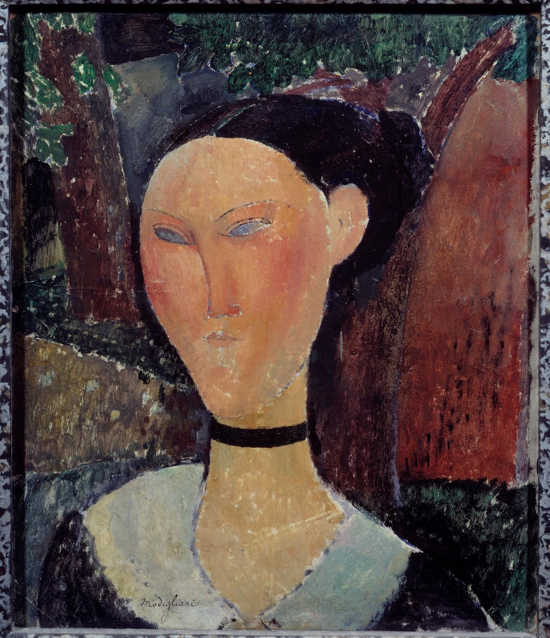 戴着天鹅绒丝带的女人肖像 阿梅迪奥-莫迪里阿尼（1884-1920）的画作 1915年，太阳。0,54x0,45米 巴黎，桔园博物馆 作者 阿梅代奥·莫迪利亚尼
