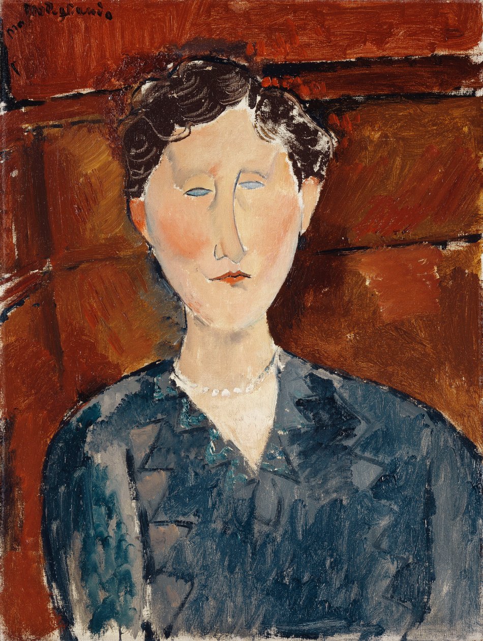 穿着蓝色衬衫的女人的画像，约1916年 作者 阿梅代奥·莫迪利亚尼