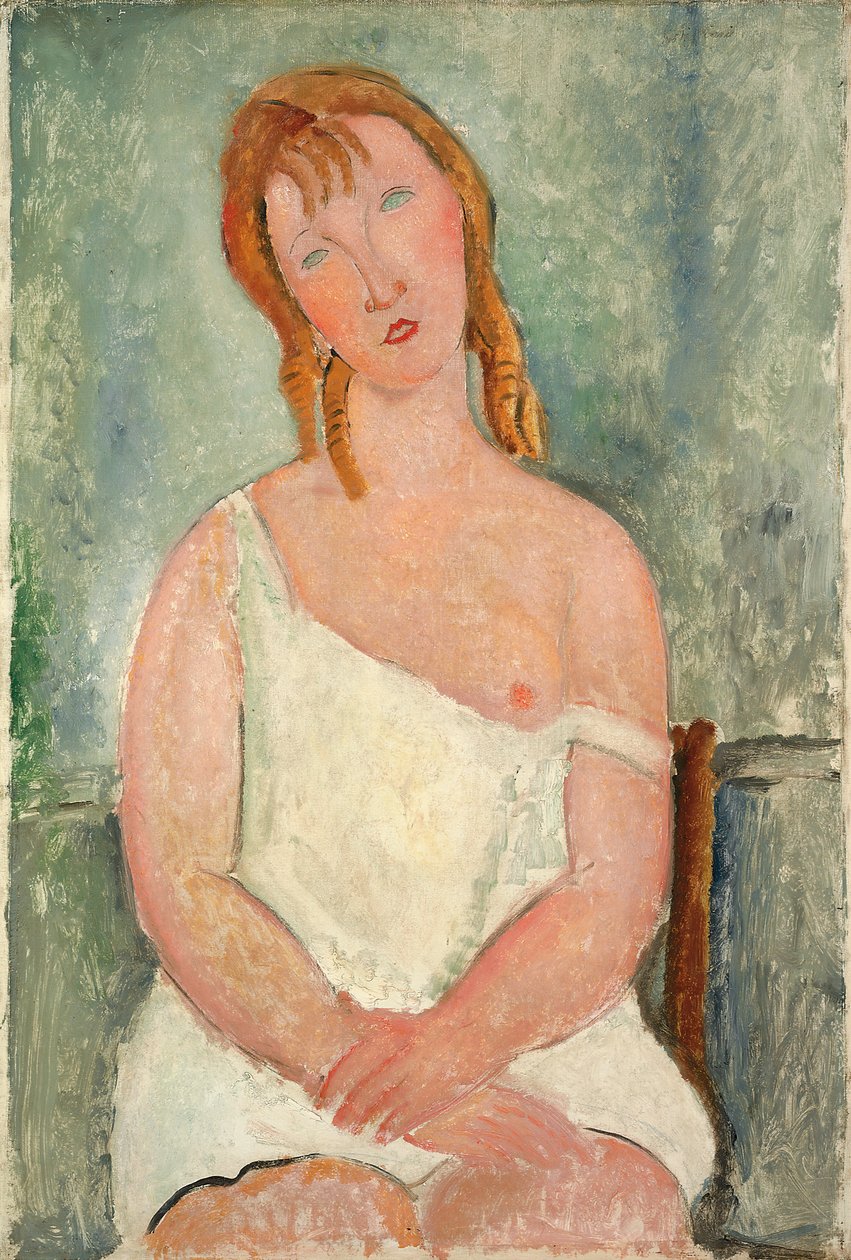 坐在衬衫的年轻女孩；坐在衬衫上的女孩，1918年 作者 阿梅代奥·莫迪利亚尼