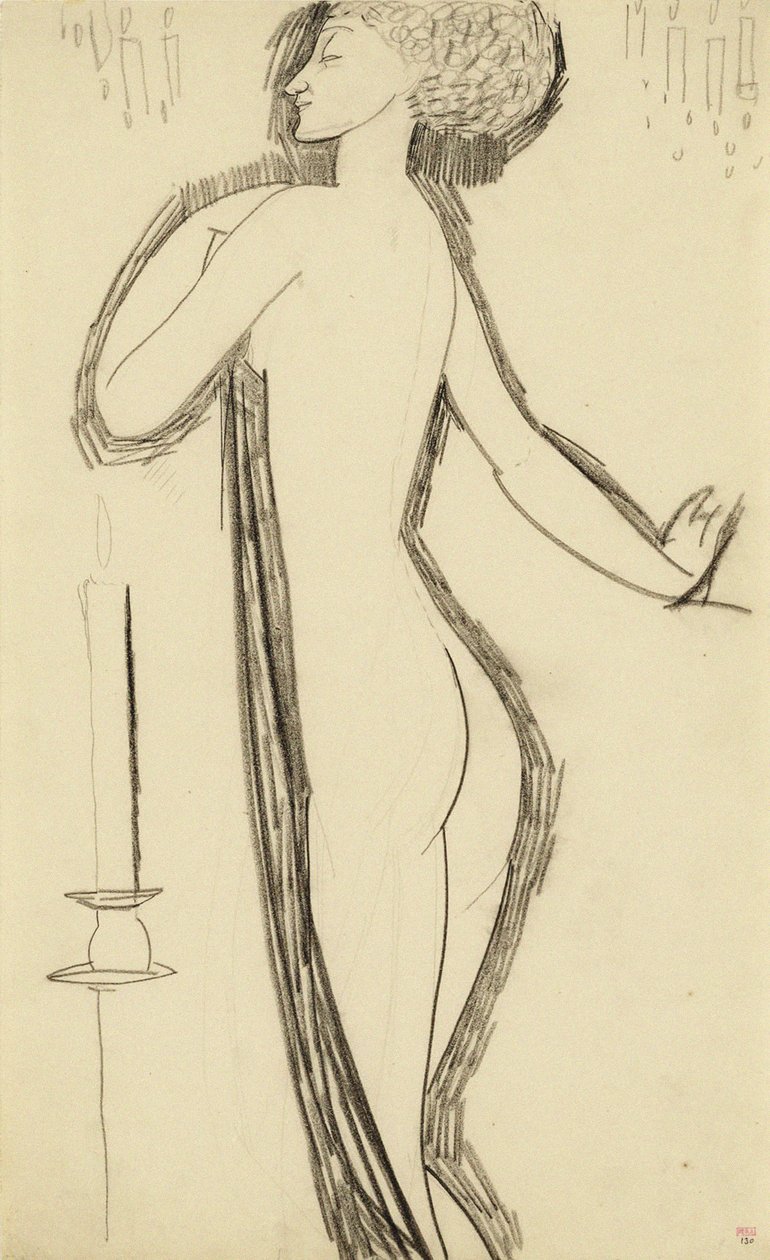 在外形的常设女性裸体与被点燃的蜡烛，c。 1911年 作者 阿梅代奥·莫迪利亚尼