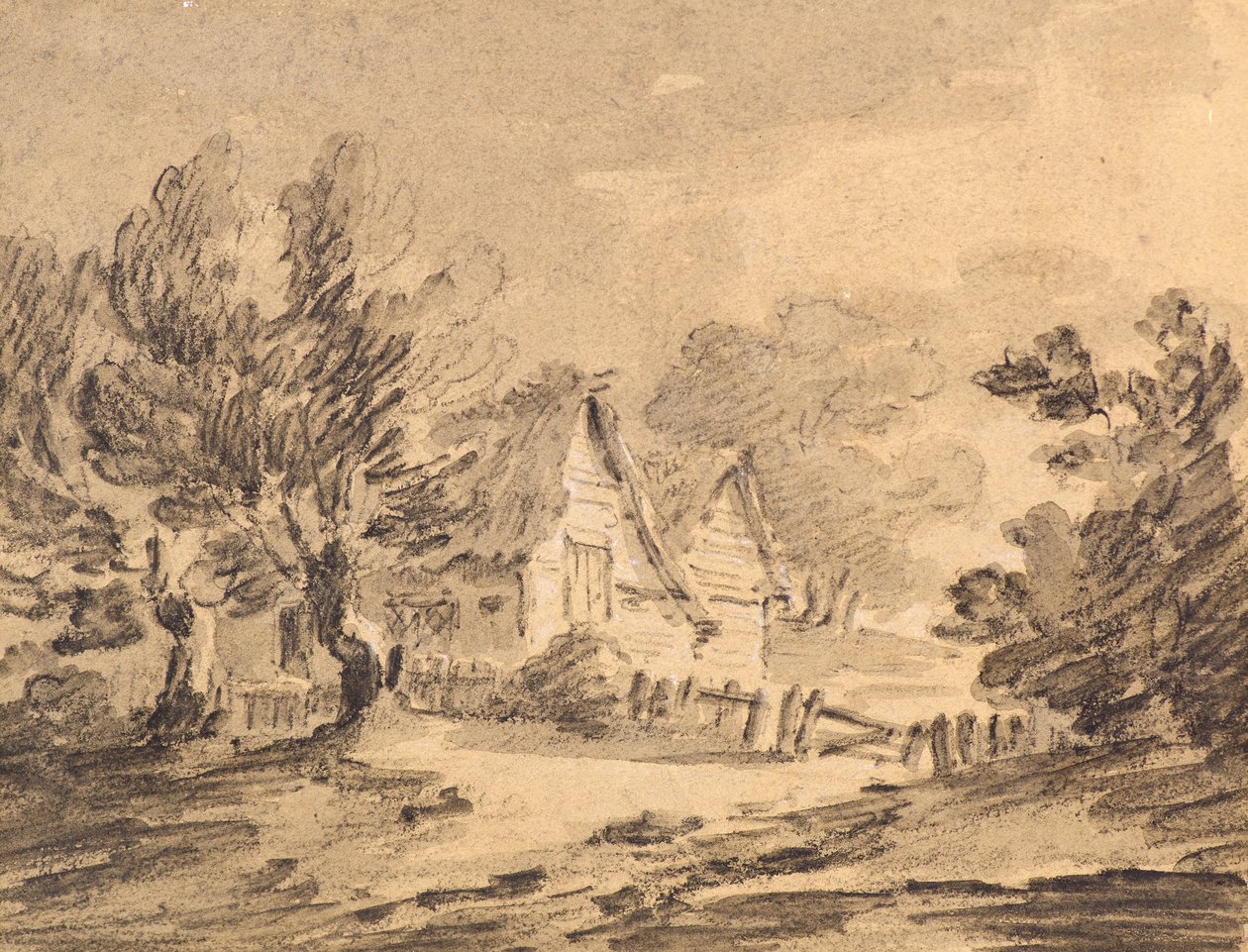 风景中的小屋，约1805年（粉笔，木炭和水洗） 作者 阿米莉亚·朗