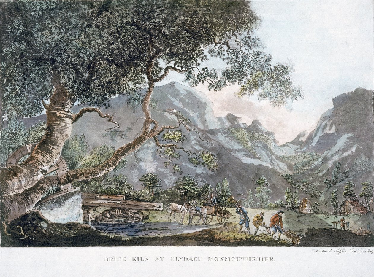 1795年Monmouthshire Clydach的砖窑（彩色aquatint） 作者 阿米莉亚·德·萨弗伦（Amelia de Suffren）