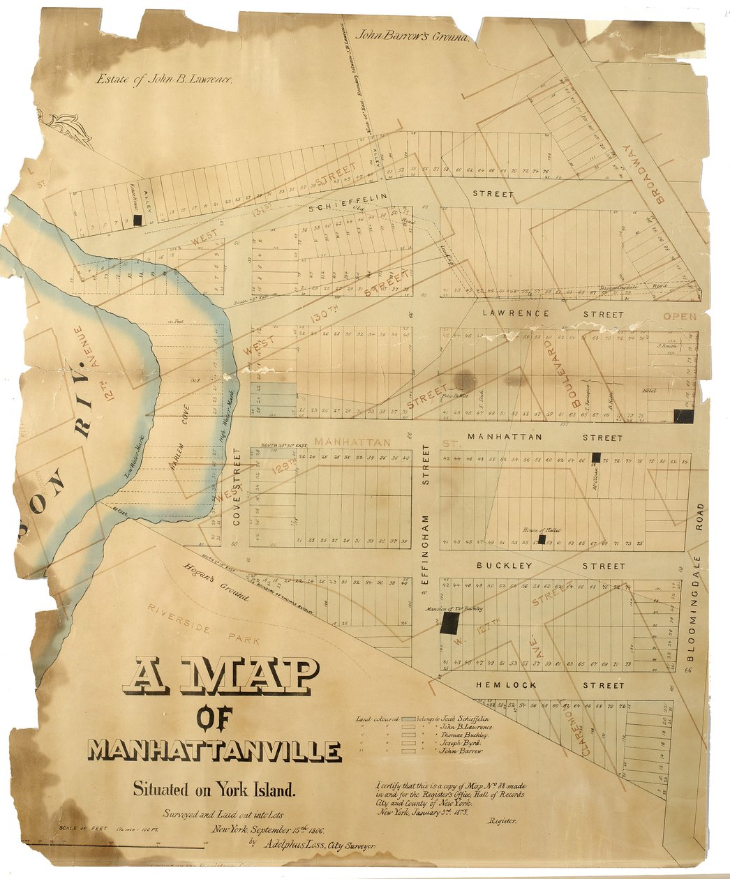位于约克群岛的曼哈顿维尔地图由Adolphus Loss，1806（笔和墨水（黑色和彩色），水彩在纸上;安装在布上）进行调查和布局 作者 美国学校