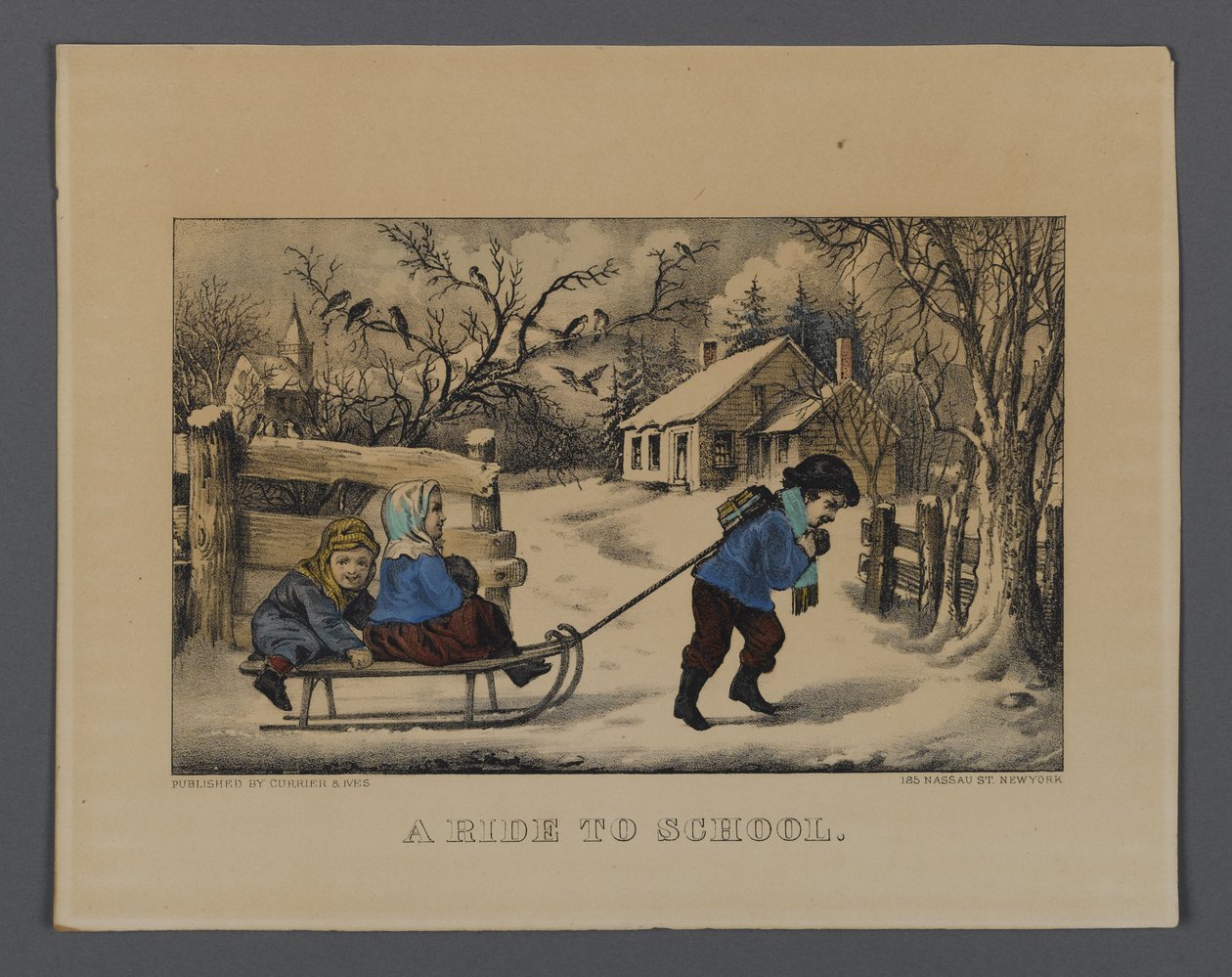 A Ride to School，由纽约Currier＆Ives出版（手工彩色版画） 作者 美国学校