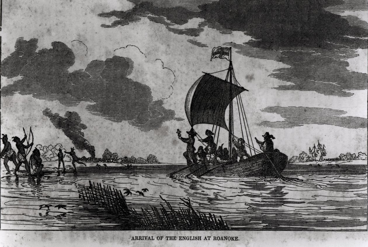 1587年罗纳克的英语到来，来自Justin Winsor的“美国叙事与批评历史”，1831年 作者 美国学校