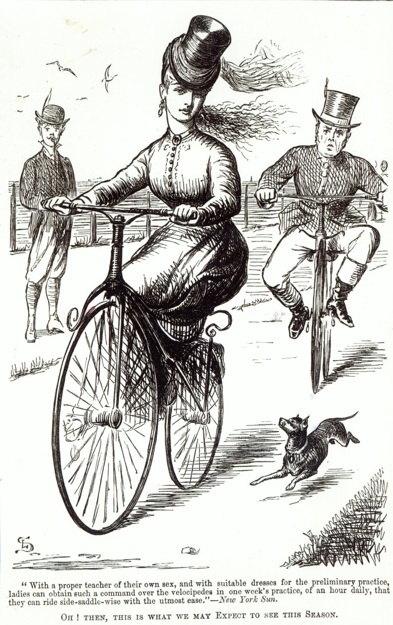 一位夫人的动画片Velocipede的，1869年 作者 美国学校