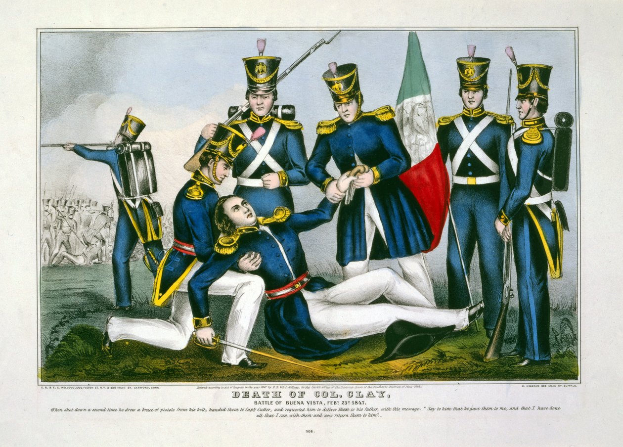 Col. Clay死亡，布埃纳维斯塔战役，Feby。 2347年，1847年，酒吧。 1847年（手工彩色雕刻） 作者 美国学校