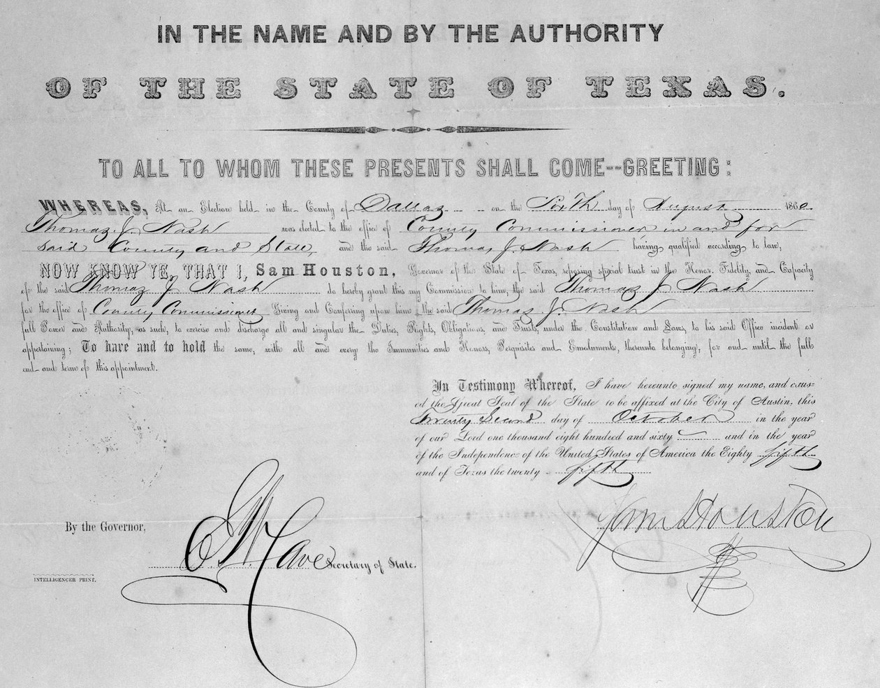 1860年Sam Houston（1793-1863）签署的契约 作者 美国学校