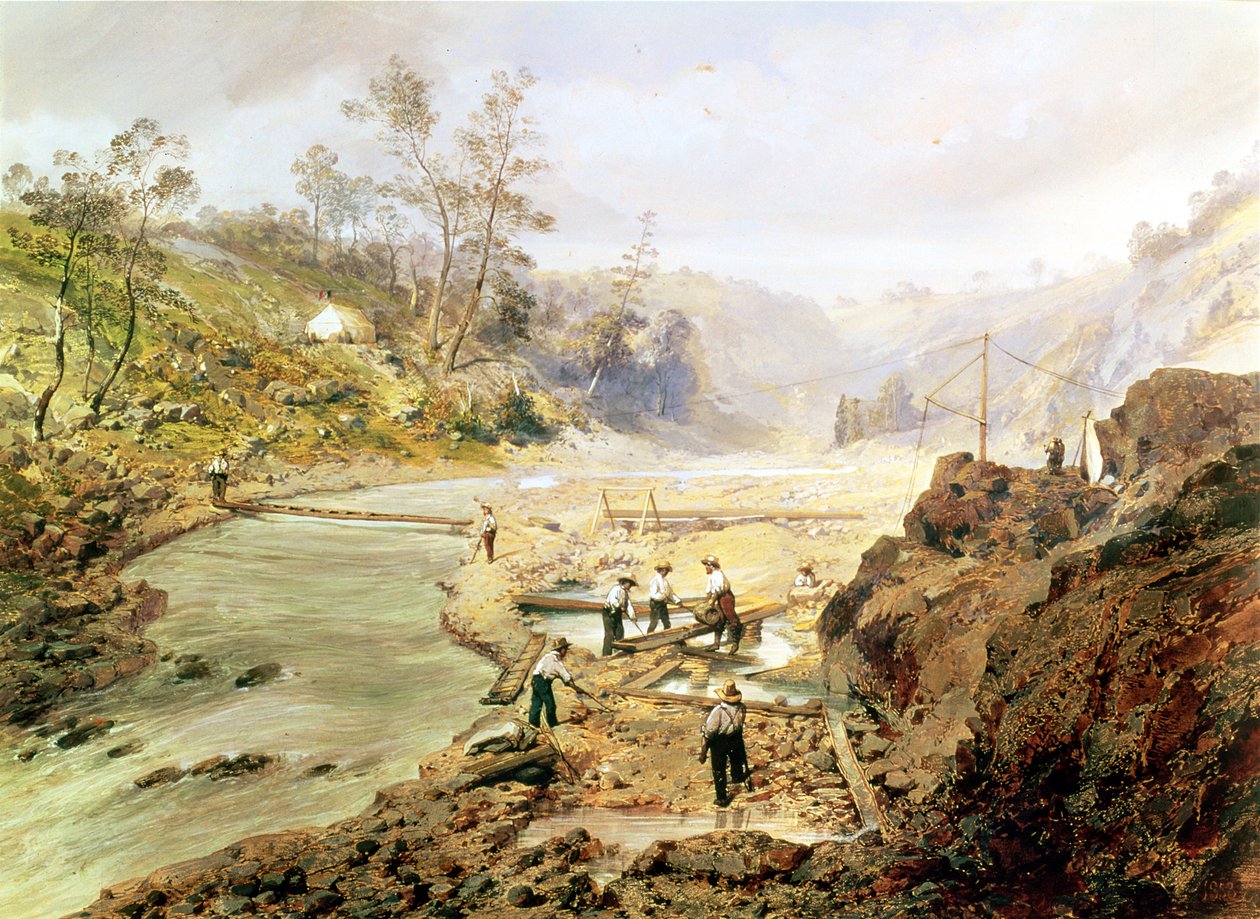 1858年，加利福尼亚州卡拉维雷斯河的“Fortyniners”洗金 作者 美国学校
