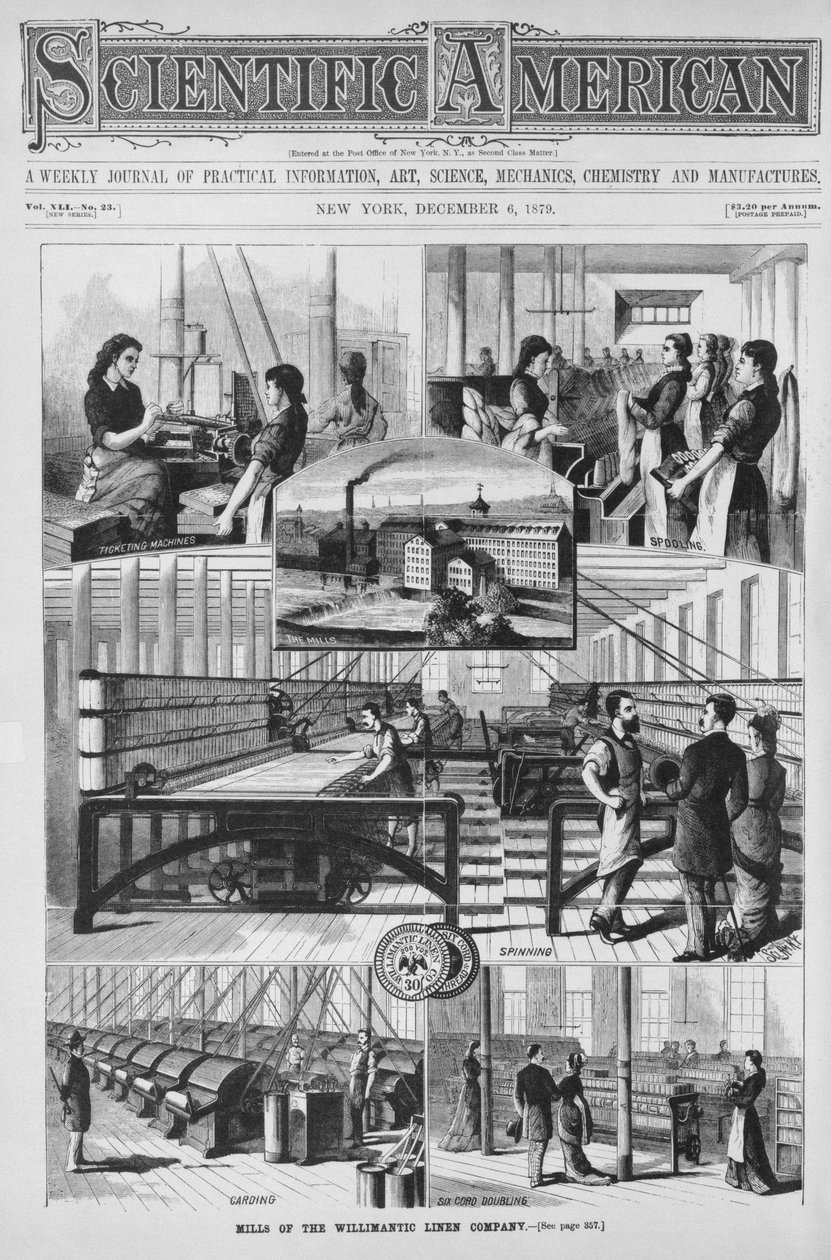Willimantic亚麻公司的磨坊，来自&39;科学美国人&39;的插图，1879年12月6日 作者 美国学校