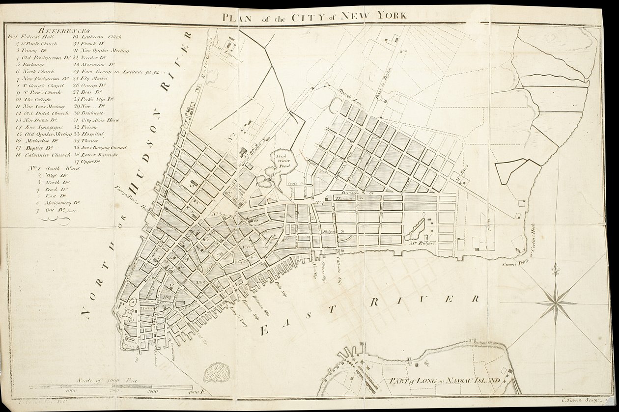 纽约市的计划，由Tiebout雕刻，1789年（雕刻，墨水在纸上） 作者 美国学校