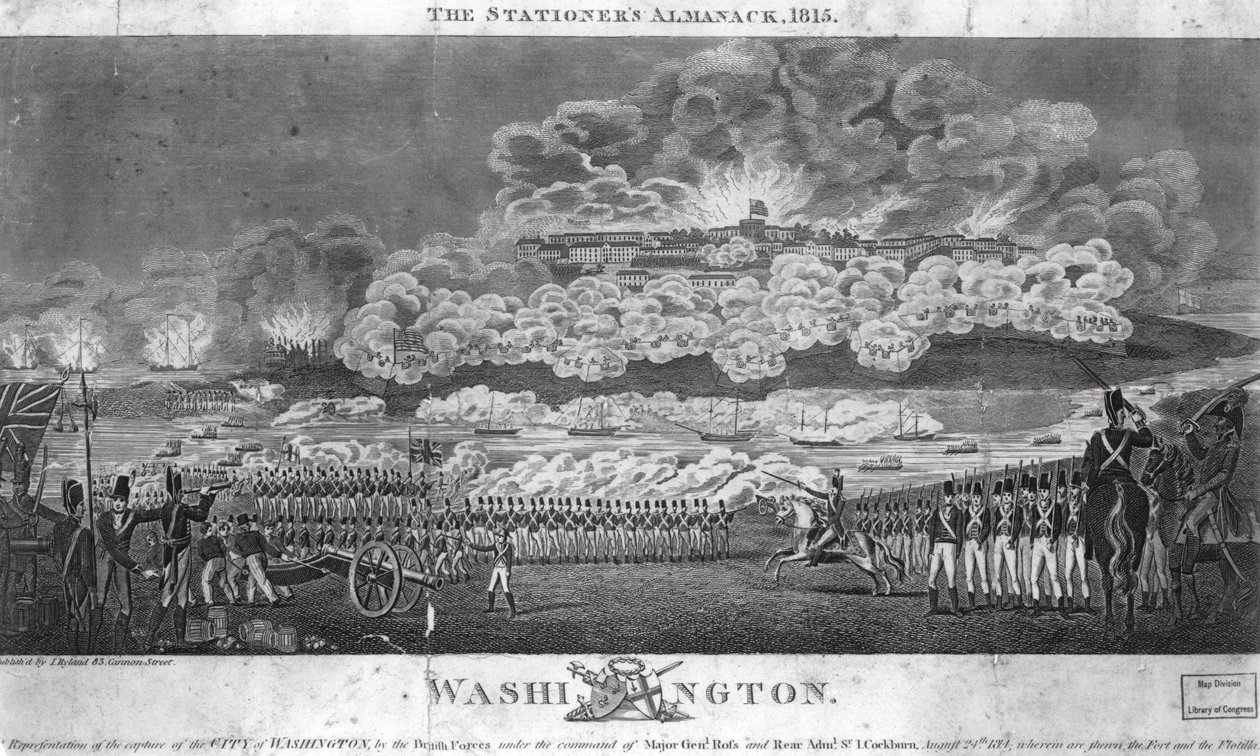 代表1814年8月24日英国军队占领华盛顿市，来自&39;The Stationer&39;s Almanack&39;，酒吧。作者：I。Ryland，1815年 作者 美国学校