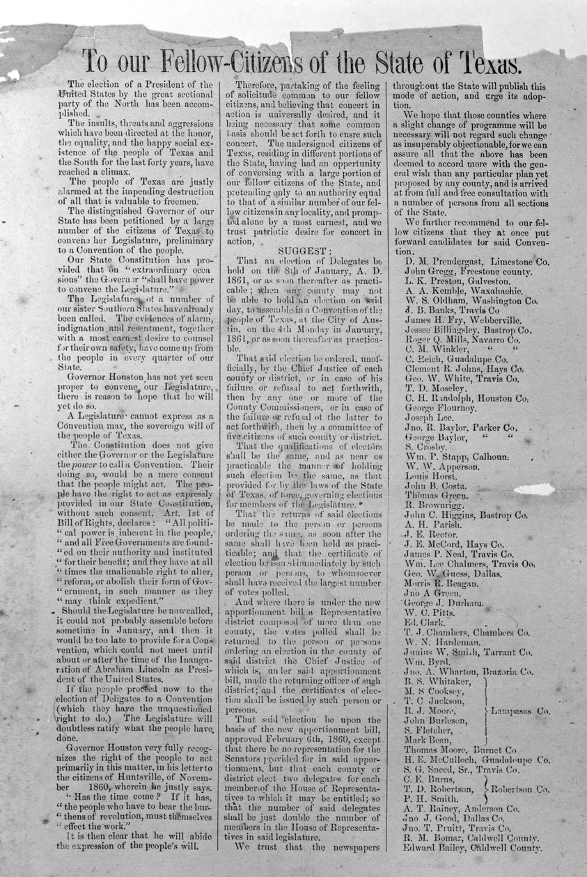 1861年1月8日“德克萨斯州分离国家条例”（印刷版） 作者 美国学校