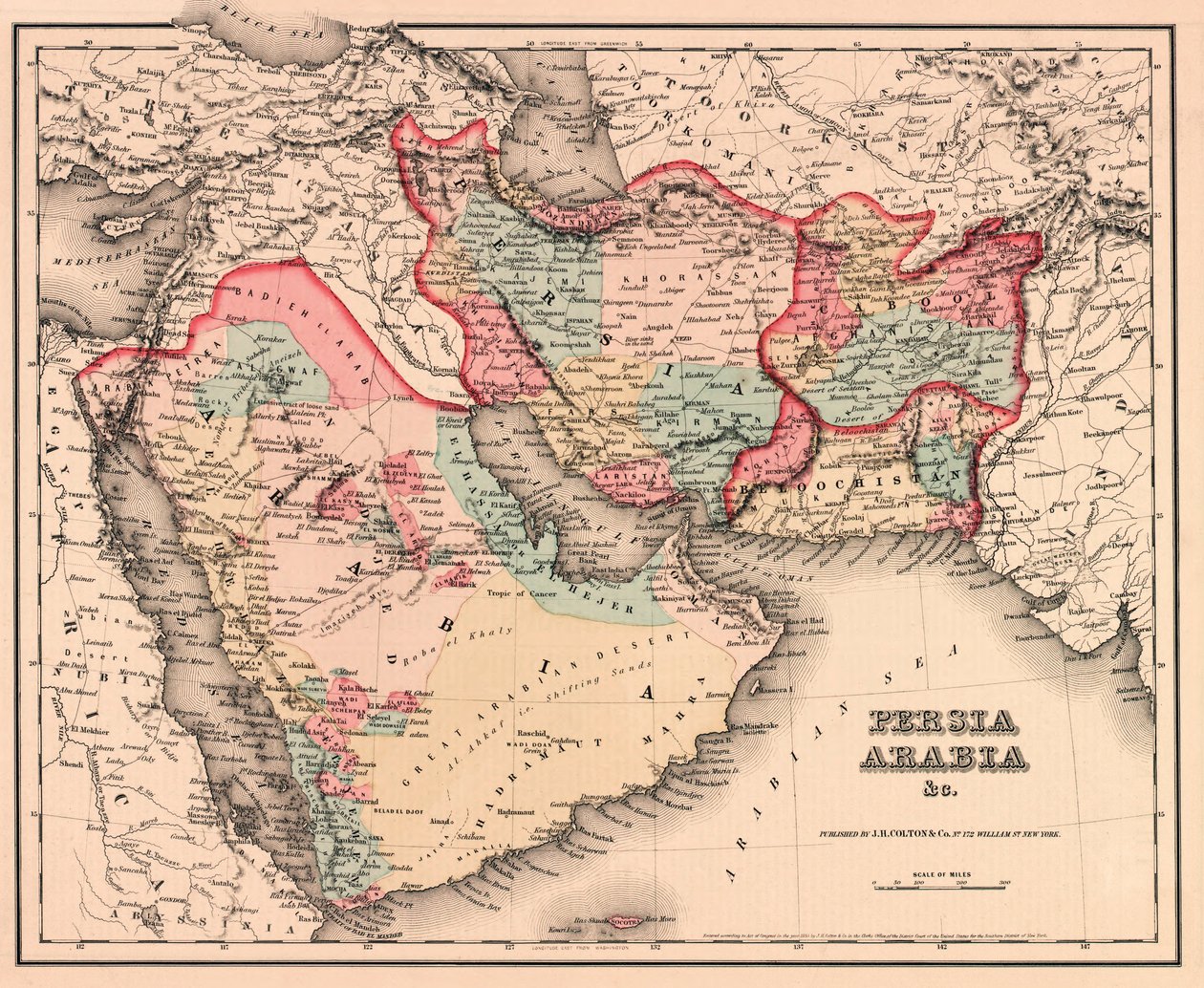 19世纪中期的中东，来自Coltons General Atlas，1857年版（手工彩色雕刻） 作者 美国学校