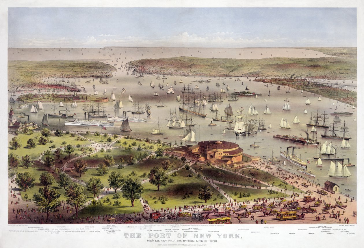纽约港：鸟瞰电池，望向南，酒吧。 1862年（彩色石版画） 作者 美国学校