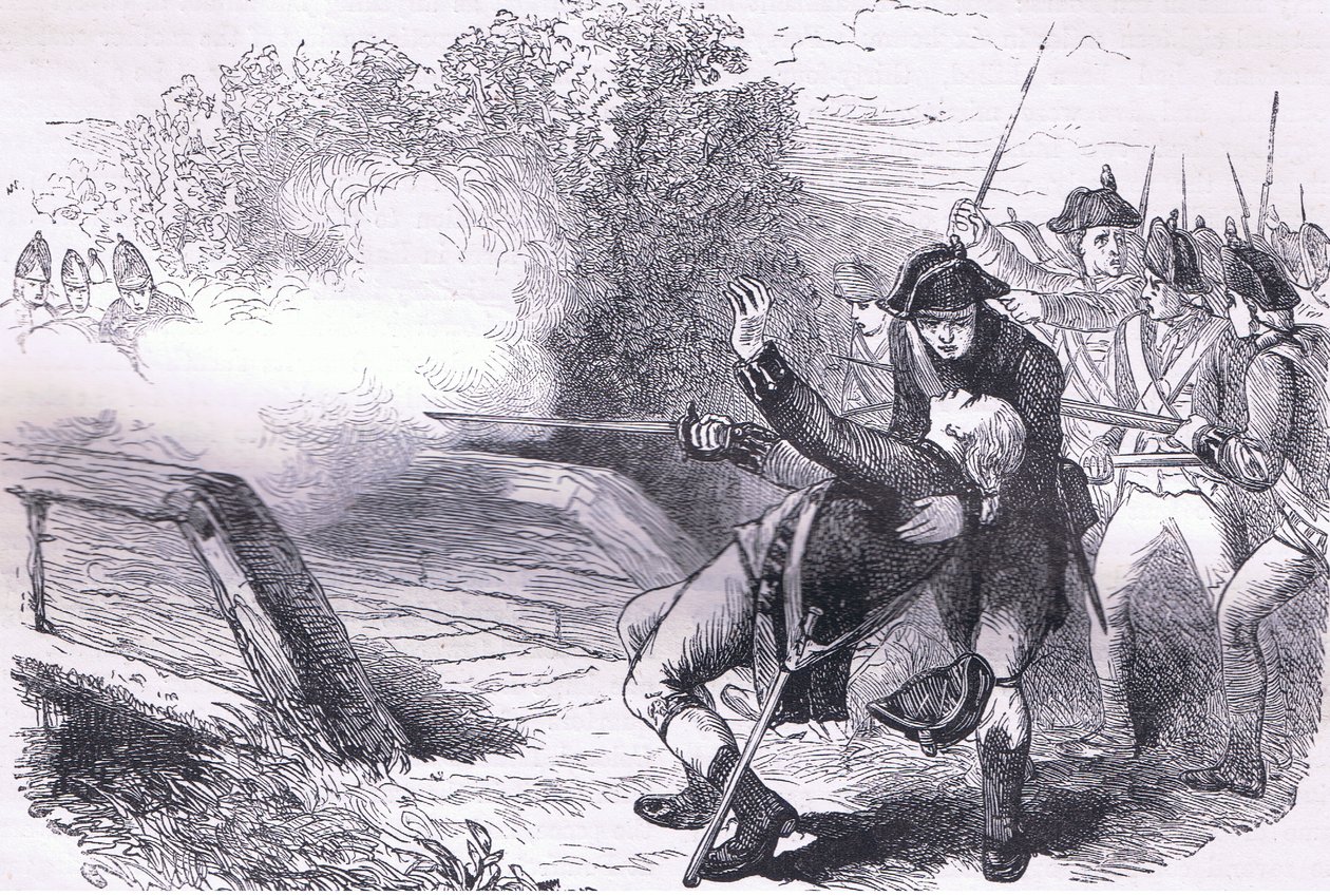 Isaac Davis 之死，插图来自 Cassells History of the United States，由 Cassell, Petter & Galpin 出版，约 1900 年（石版画） 作者 美国英语学校