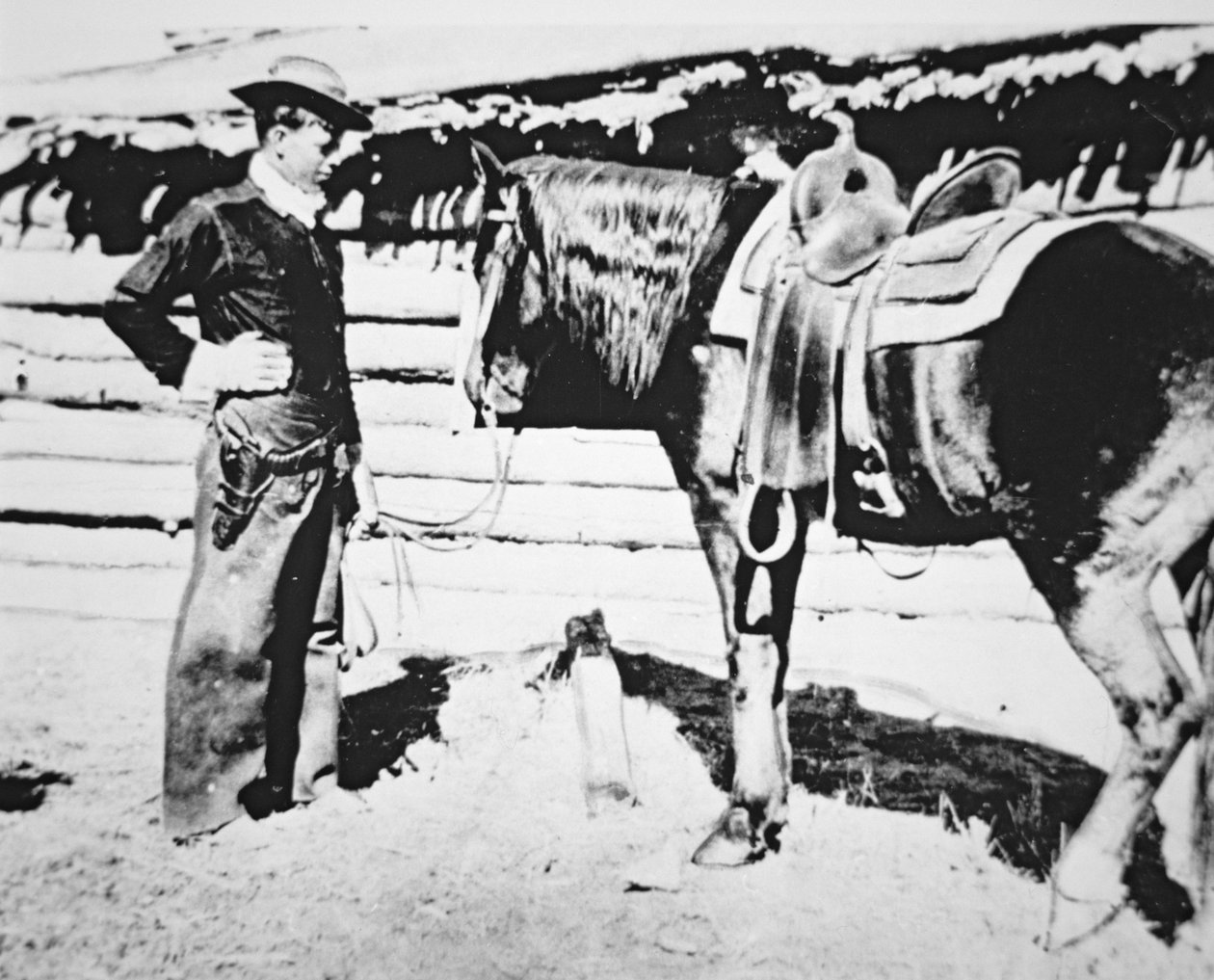 布奇-卡西迪（1866-1908/09）和他的马（黑白照片）。 作者 美国摄影师