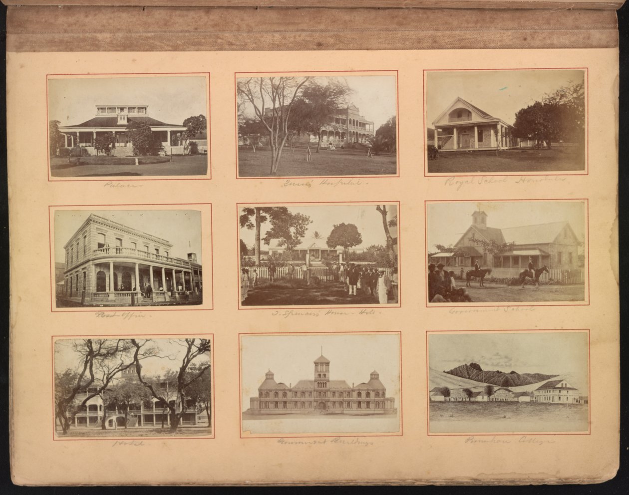 夏威夷相册，第12页，学校和其他建筑，包括皇后医院（顶部中心），约1880年（胶卷印刷）。 作者 美国摄影师