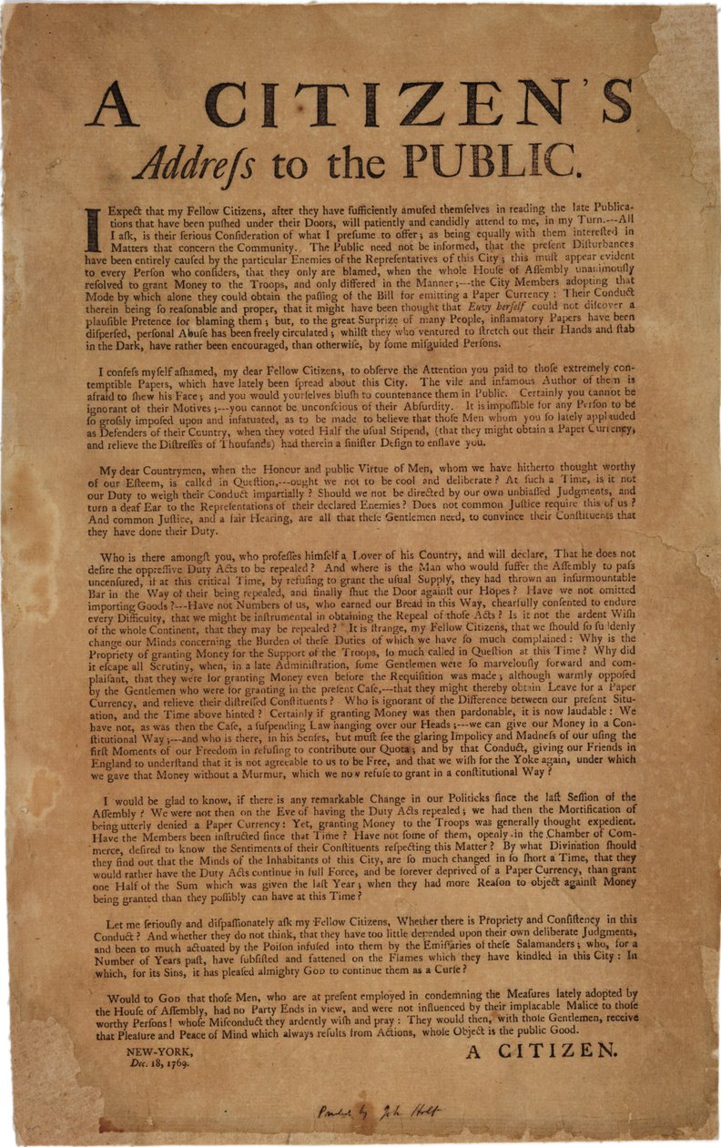 1769年12月18日，公民向公众发表讲话：皇家军队的支持 作者 美国学校