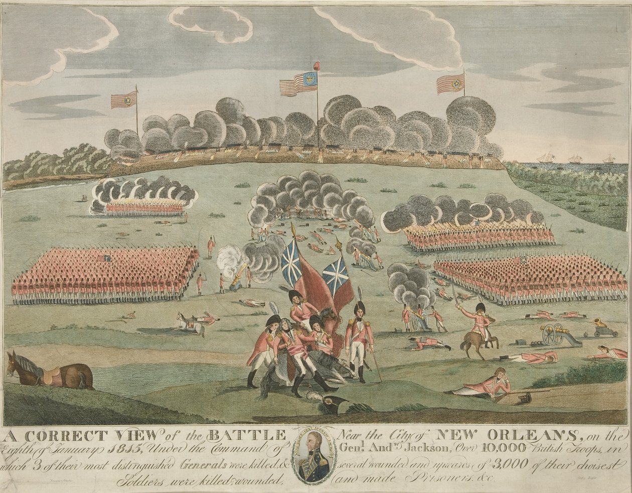 新奥尔良市附近战斗的正确视图，酒吧。 c.1815（手工彩色雕刻） 作者 美国学校