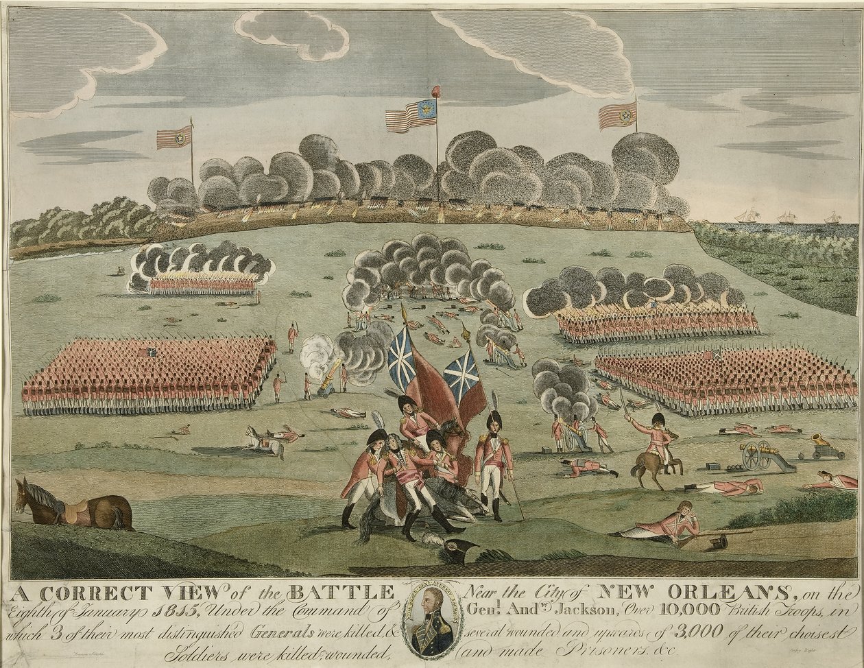 新奥尔良市附近战斗的正确视图，酒吧。 c.1815（手工彩色雕刻） 作者 美国学校