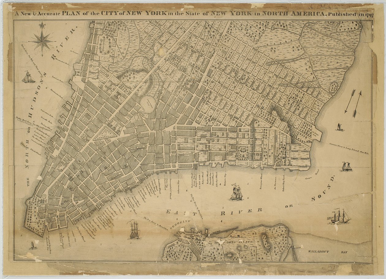 纽约州北美纽约市的一个新的准确计划，于1797年出版，1797年（黑色和彩色墨水在纸上，背面布） 作者 美国学校