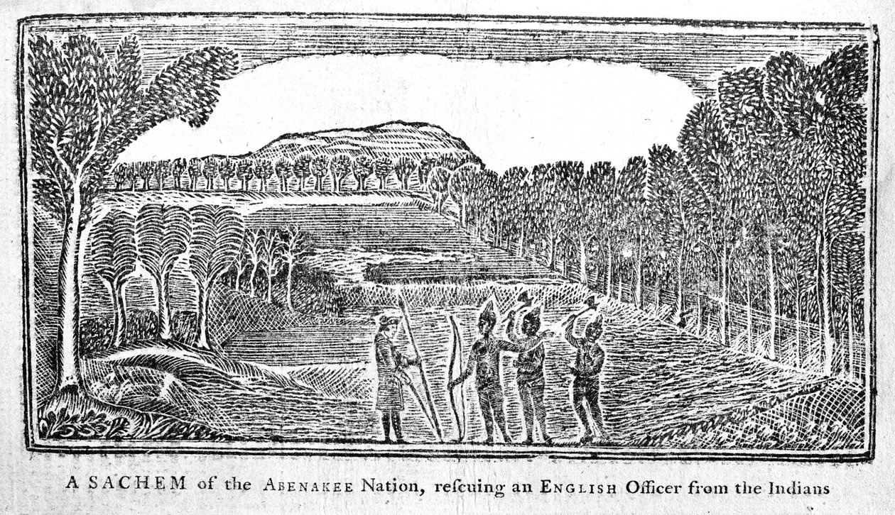 Abenakee Nation的一名士兵救出一名英国军官，插图来自Bickerstaffs Boston Almanack，于1768年出版 作者 美国学校