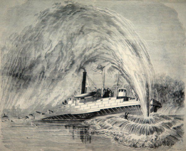 1863 年 8 月 4 日，一枚鱼雷在詹姆斯河上的联邦炮艇 "巴尼准将号 "下爆炸（线刻版画） 作者 美国学校