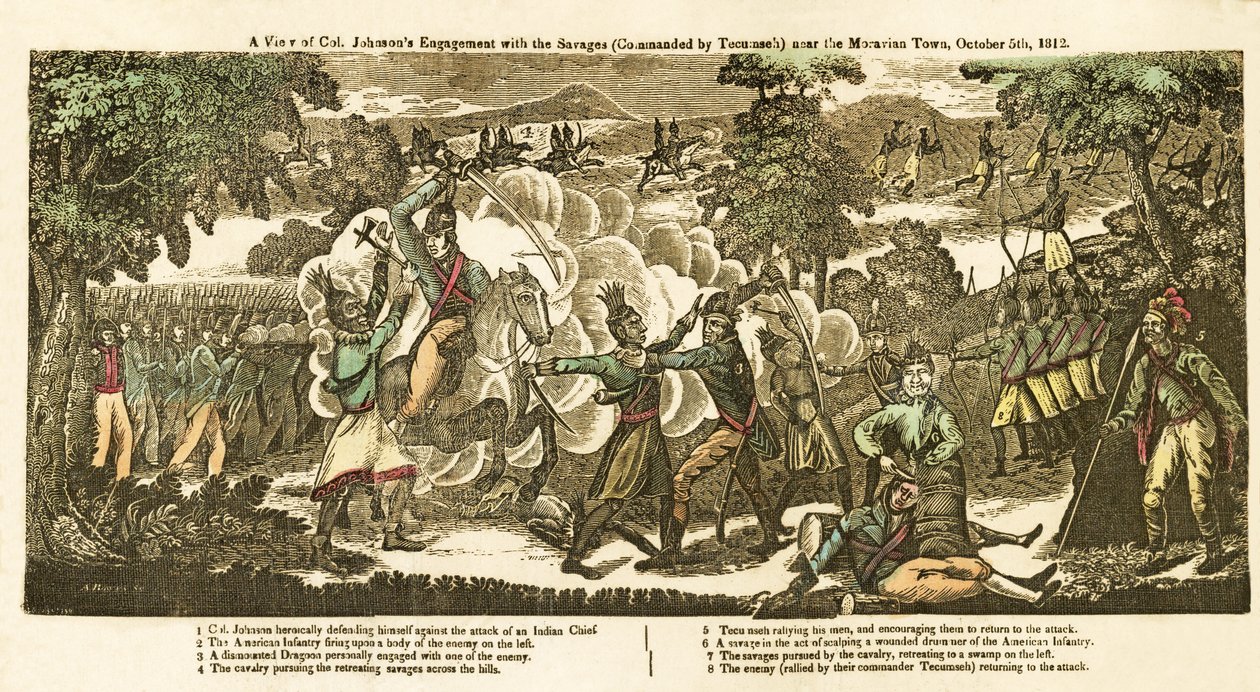 约翰逊上校于 10 月 5 日在摩拉维亚镇附近与野蛮人（由 Tecumseh 指挥）交战的视图 作者 美国学校
