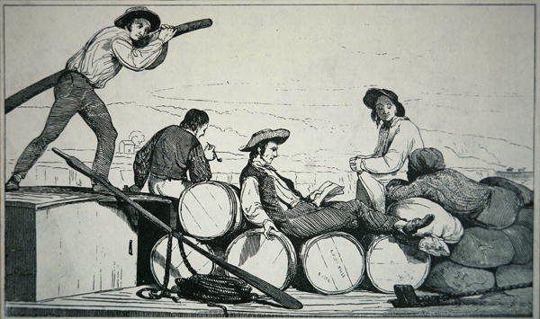 密西西比河上运载货物的平底船，约1840年（雕版画）。 作者 美国学校