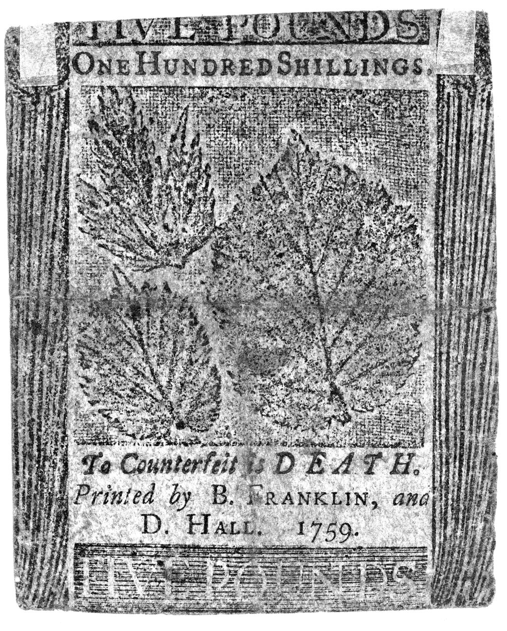 由富兰克林和D.霍尔于1759年印制的一百张先令（印刷品） 作者 美国学校