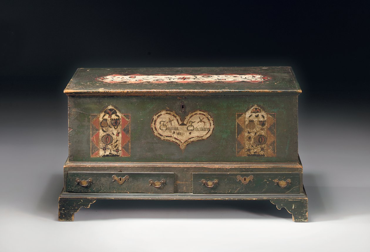 1790年，题为Susana Scheblern的题为Susana Scheblern的彩绘装饰吊顶推拉式衣柜，宾夕法尼亚州，1790年 作者 美国学校