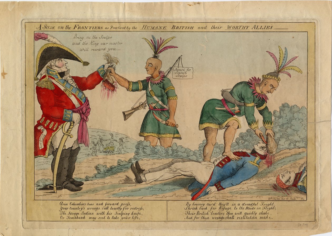 人道英国人和他们有价值的盟友在边境上的一个场景，c.1813（手工蚀刻） 作者 美国学校