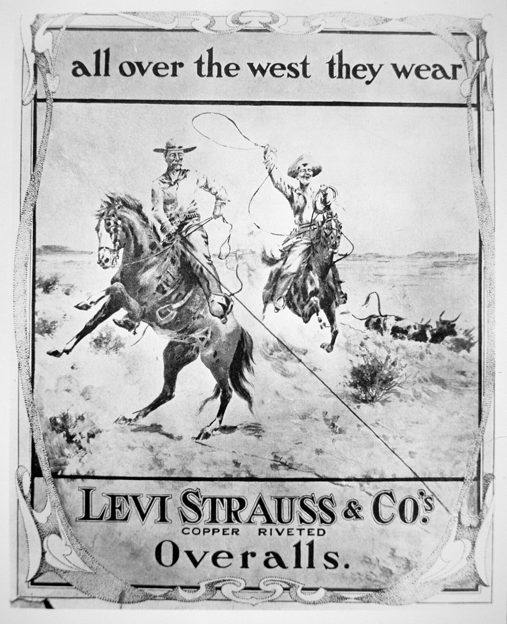 Levi Strauss & Co的广告，约1900年（平版）。 作者 美国学校