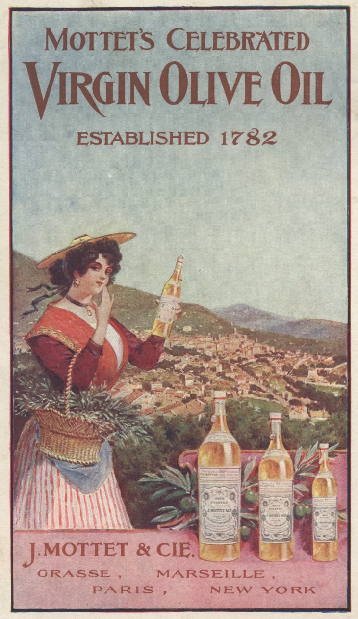 Mottets Celebrated Virgin Olive Oil的广告，c.1900 作者 美国学校