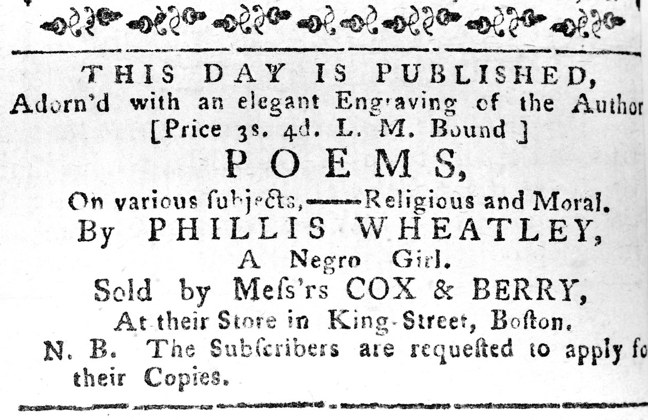 1774年2月7日波士顿公报上的Phillis Wheatleys第一本书的广告（新闻纸） 作者 美国学校