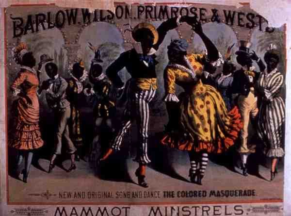 彩色化妆舞会 "的广告，Mammot吟游诗人的歌舞，由Barlow, Wilson, Primrose and West提供（彩色平印）。 作者 美国学校