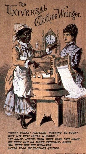 带有黑人女仆的 "万能绞衣机 "广告，19世纪末（彩色雕刻）。 作者 美国学校