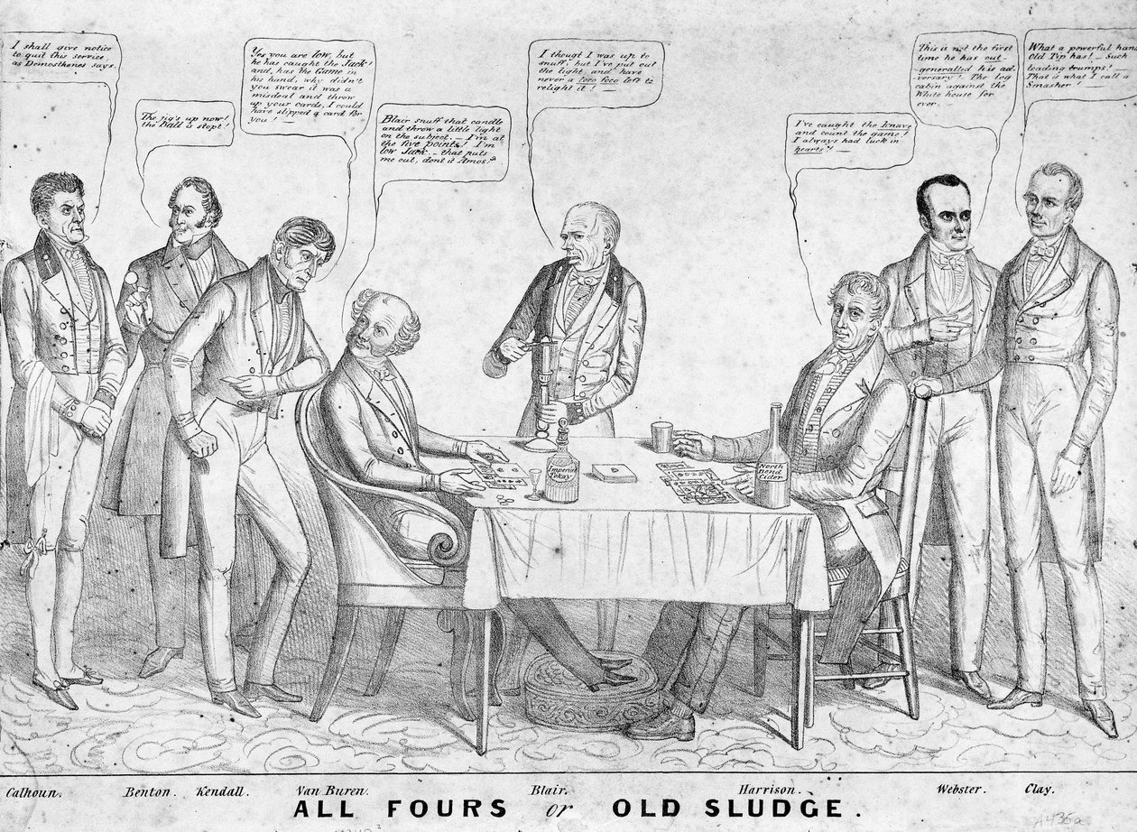 所有Fours或Old Sludge，政治漫画描绘总统Martin Van Buren（1782-1862）在威廉·亨利·哈里森（1773-1841）中与其他政治家和政治家共同打牌，1836年（石版画） 作者 美国学校