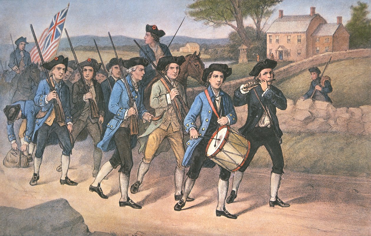 美国的 "minute-men "在 "Fife and Drum "的武术音乐中向英国人进军，由Currier & Ives出版。 作者 美国学校