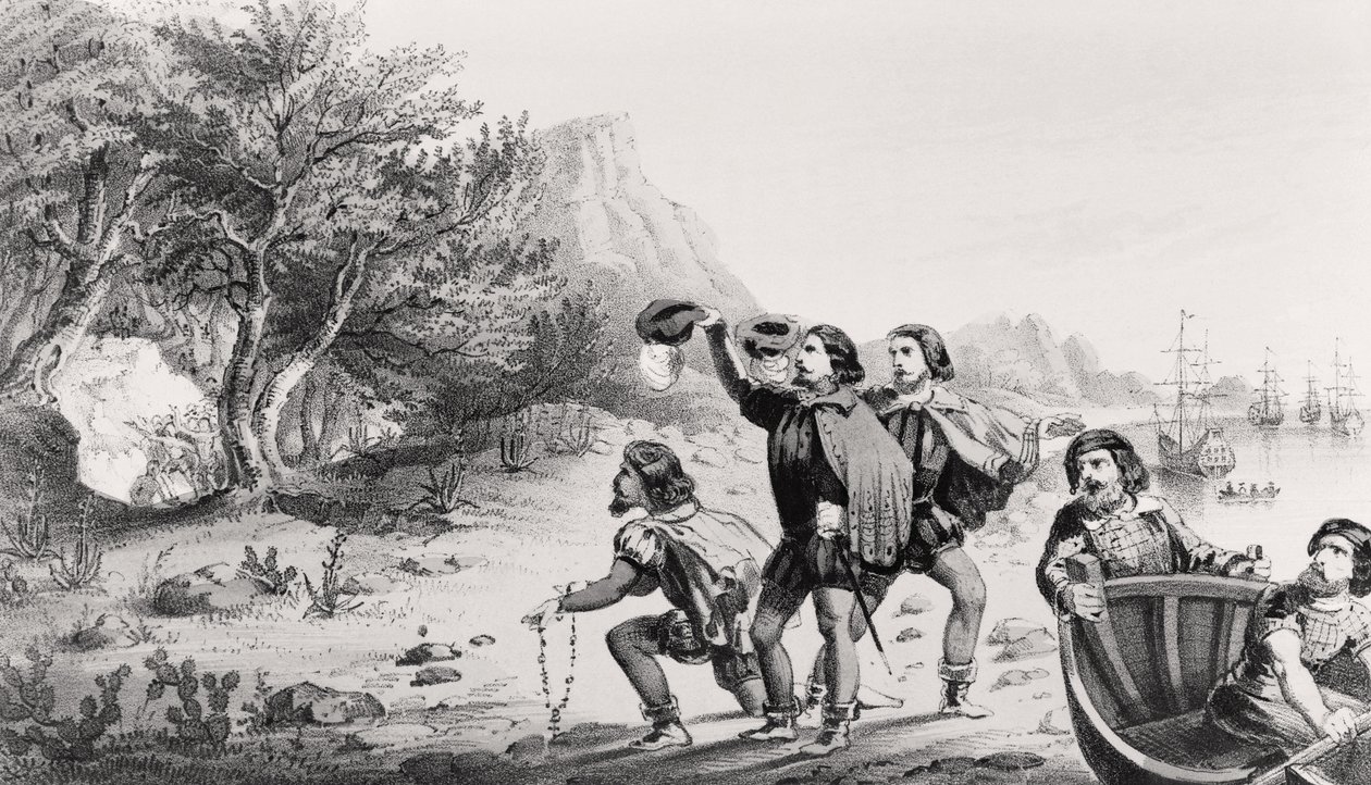Amerigo Vespucci登陆新世界，来自“生命和航行的Americus Vespuccius”，由康涅狄格州纽黑文的霍勒斯曼斯菲尔德出版，1853年 作者 美国学校