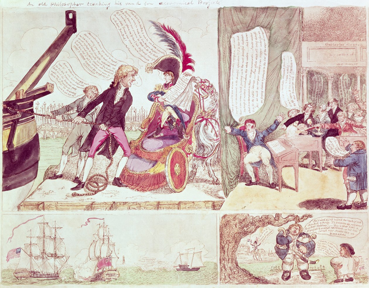 一位古老的哲学家教他的疯子经济项目，c.1807（纸上墨水和纸） 作者 美国学校