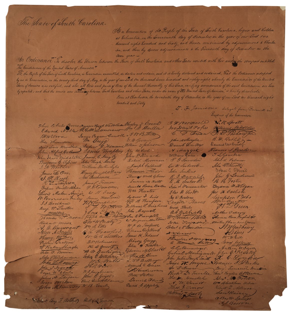 1860年12月20日，南卡罗来纳州解散联盟的一项法令，印制于1861年 作者 美国学校