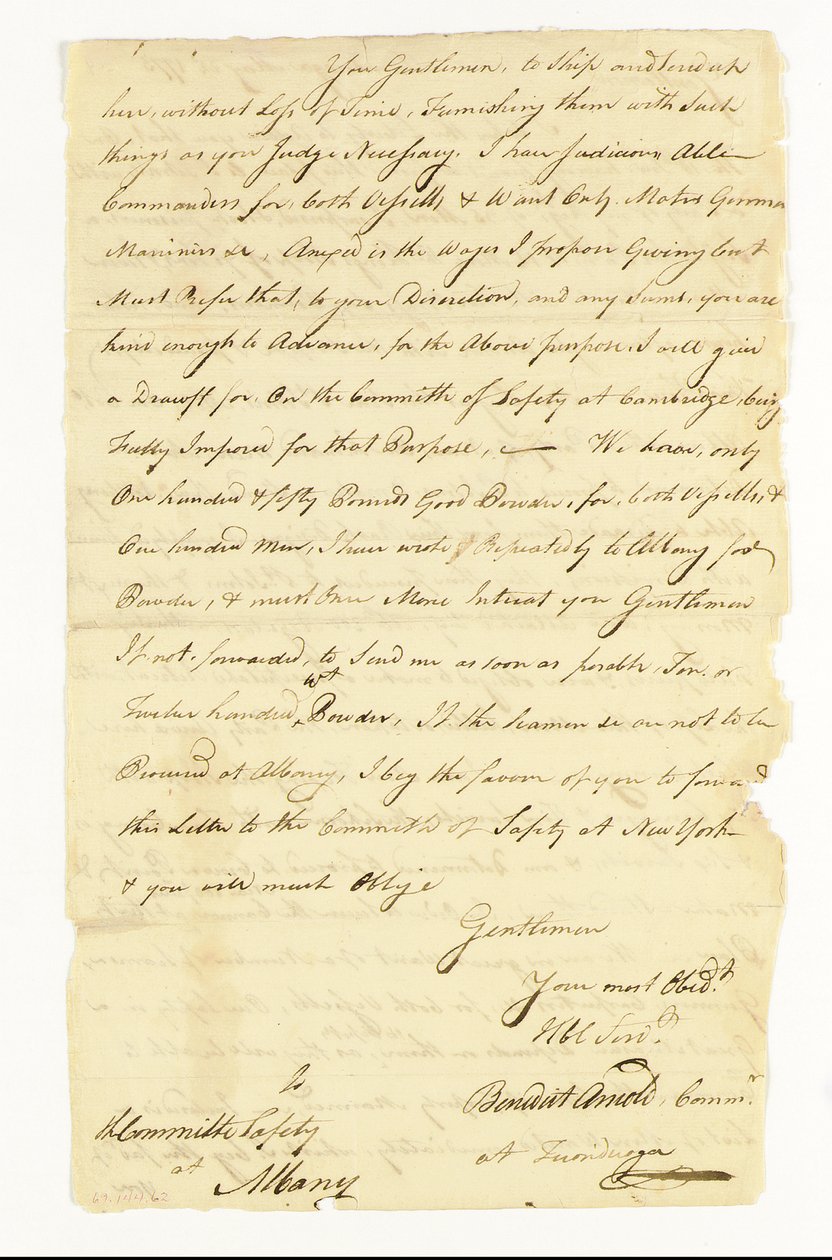 阿诺德·本尼迪克特 (1741-1801) 大陆军将军、叛徒。 1775 年 5 月 22 日，签署给提康德罗加奥尔巴尼安全委员会的亲笔签名信（“提康德罗加的本尼迪克特·阿诺德将军”）（纸笔和墨水） 作者 美国学校