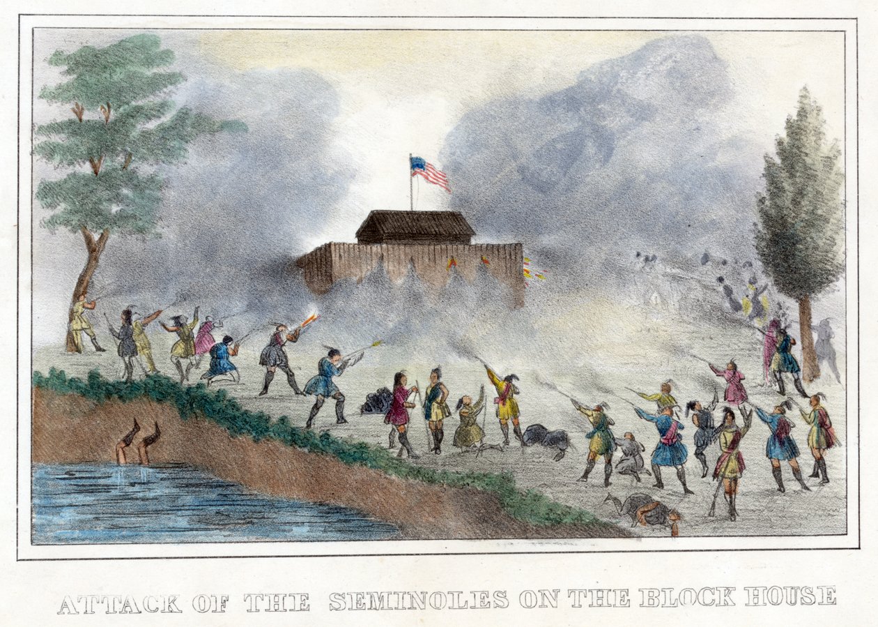 塞米诺尔人对 Block House 酒吧的攻击。 1836（手工彩色雕刻） 作者 美国学校