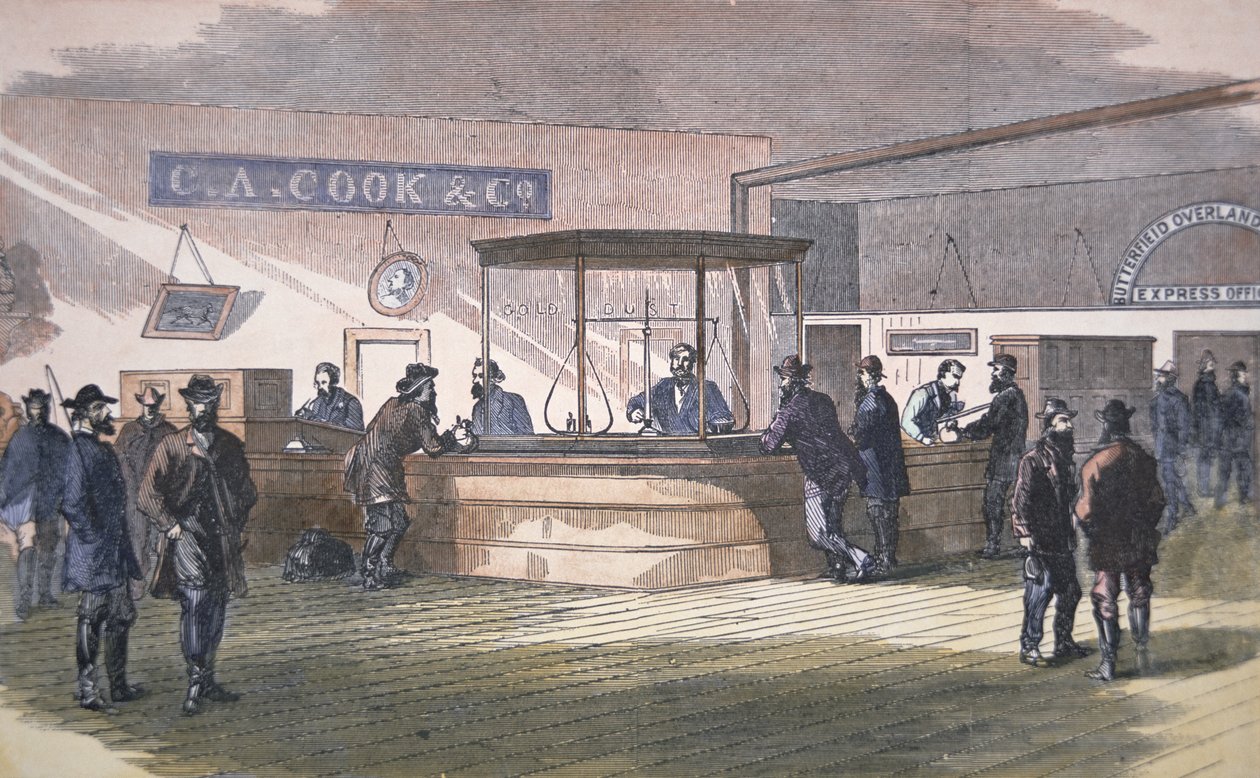 旧金山的银行，约1860年（彩色版画）。 作者 美国学校