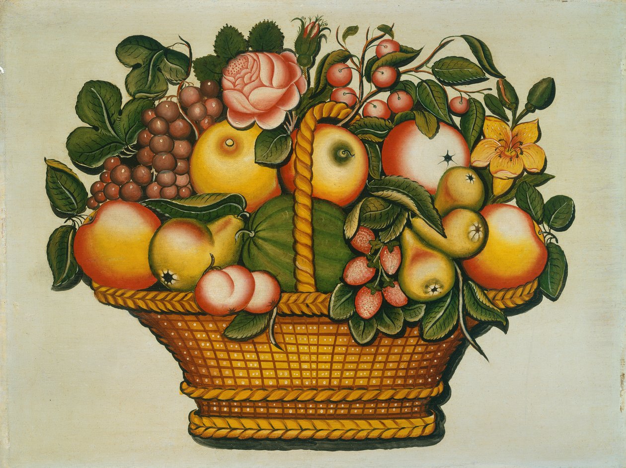 果子篮子与花的，c.1830 作者 美国学校