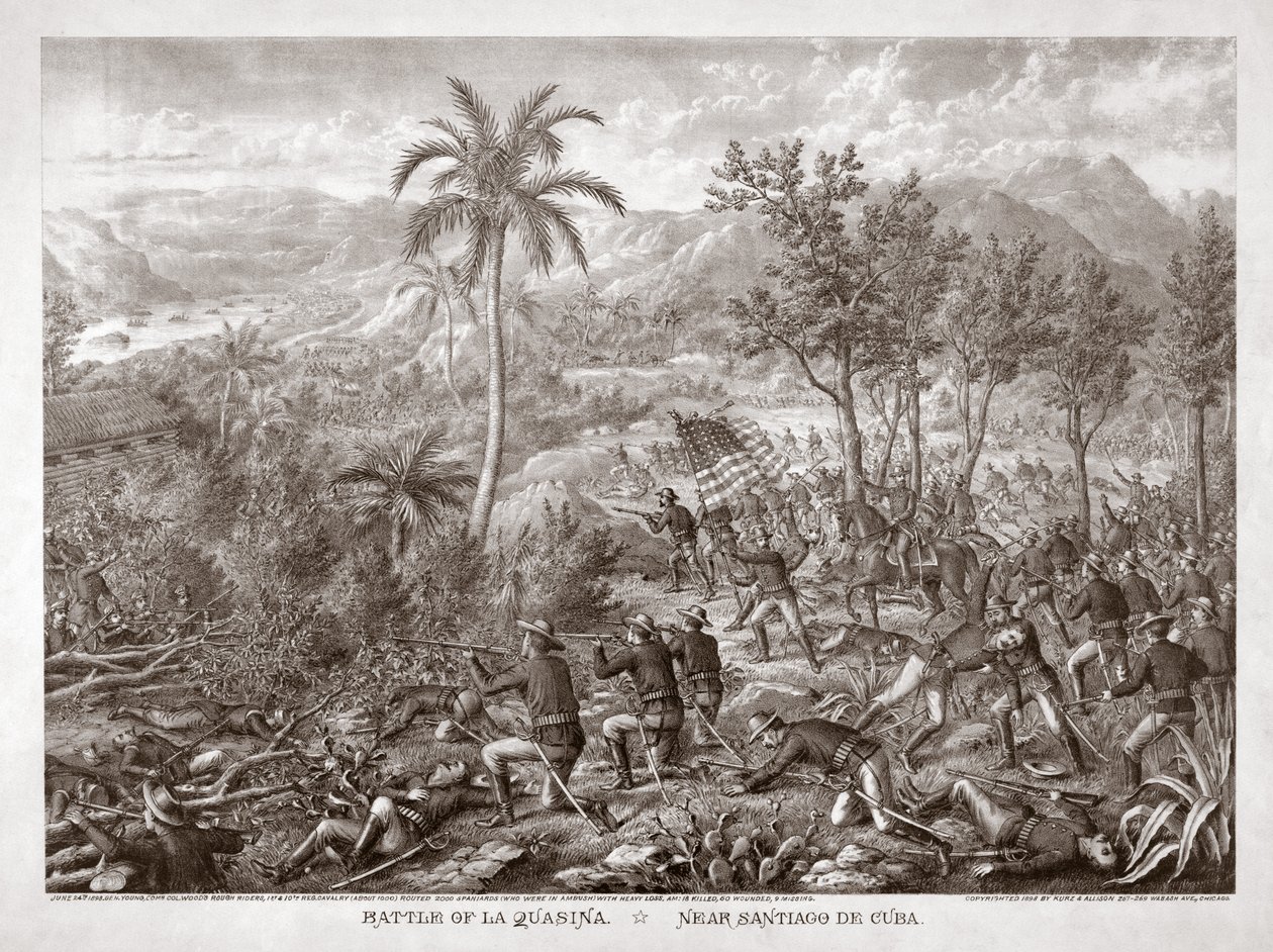 古巴圣地亚哥附近的 La Quasina 战役，1898 年出版（版画）。1898 年（雕刻） 作者 美国学校