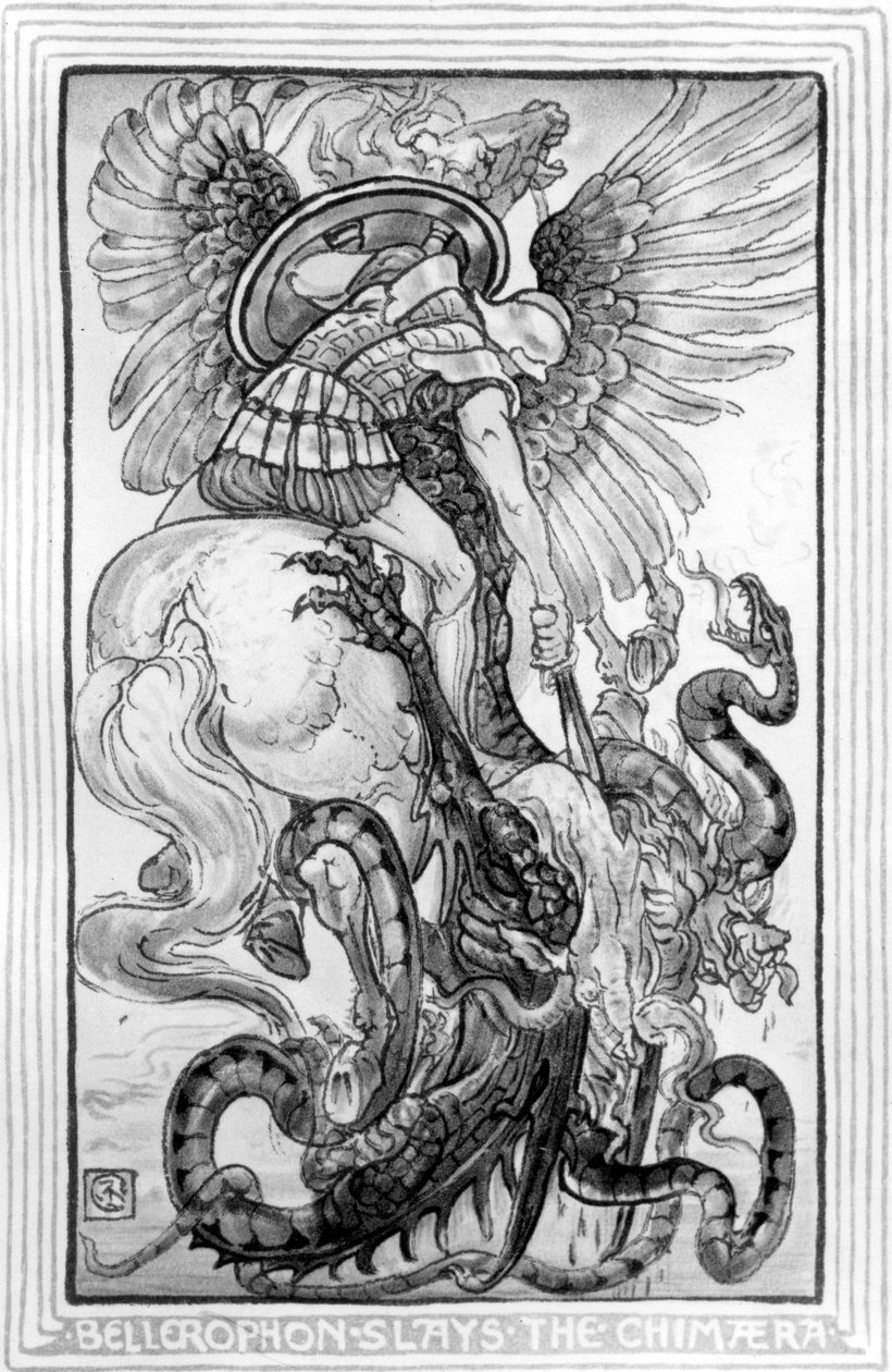 Bellepheron杀死了Chimeara，取自1852年Nathaniel Hawthorne写的“女孩和男孩的奇迹书” 作者 美国学校